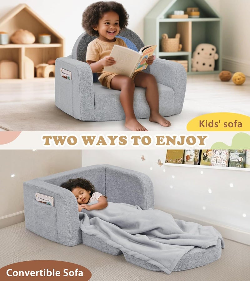 Foryoomi Kids Couch, 2-in-1 Soft Toddler Couch Fold Out with Blanket, Comfy Toddler Chair, Convertible Sofa, Gifts for Kids Girl Boys, Medium Blue Rainbow - Image 5